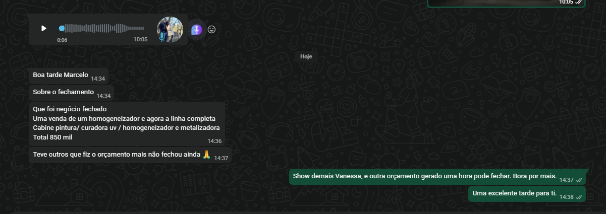 Mensagem da RV Máquinas informando uma venda de R$ 850 mil